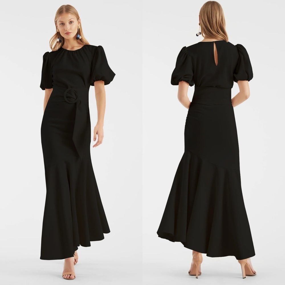 Sachin & Babi Black Camila Crepe Ruched Mermaid Maxi Dress with Puff Sleeve - 0
